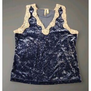 JK Intimates Women's Top‎ Blue Velvet Body w/ Cream Lace Trim Stretch Size Large